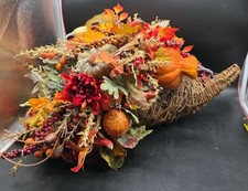 Huge Wicker Cornucopia Basket Autumn Fall Thanksgiving Color Faux Silk Flowers picture