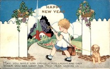New Year's Boy with Garden Hose Animals Whitney c1910s-20s Vintage Postcard picture