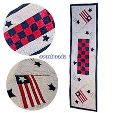 EvezBeadz Vintage Quilted Table Runner Americana Flag & Stars Checkerboard 48