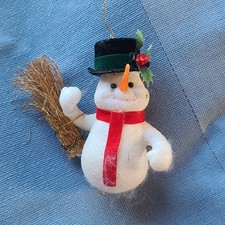Vintage Flocked Blow Mold Snowman Ornament 4.5