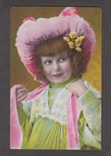 Little Girl in Green. Pink Scarf and Fancy Hat. Hand Colored. 1908-10. Vintage picture