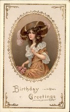 Birthday Elegant Woman Portrait Art Nouveau BS c1910s-20s Vintage Postcard picture