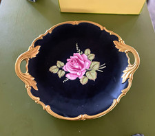 RARE VTG Black Beauty Hand Painted Floral Round Porcelain Tray made in Germany picture