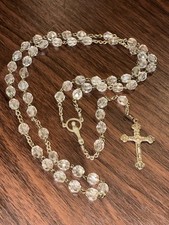 Vintage Clear Crystal Glass Rosary Cutout Miraculous Medal Italy Crucifix Beads picture
