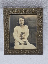Antique Victorian Floral Pattern Metal Picture Frame Woman With Bible & Bouquet picture