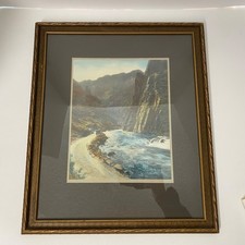 Antique Hand Tinted Photo • Car Driving Next To River In A Canyon • Framed picture