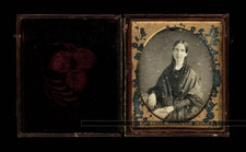 1840s daguerreotype Photo smiling woman long Curls In  hair Leather Case Antique picture