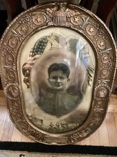 Antique World War I Doughboy Portrait Convex Bubble Glass Patriotic Eagle Frame picture