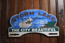 STORM LAKE THE CITY BEAUTIFUL PAINTED METAL TOPPER SIGN FISHING BOAT RUSTY picture
