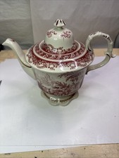 Burton & Burton “Red Toile” Decorative Porcelain Pedestal Teapot 9” Tall 10” Lon picture