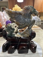 Moss Agate Pegasus Horse carving with custom wood stand picture