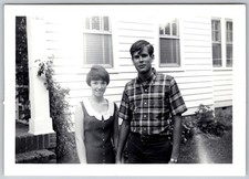 Vtg B&W Snapshot Young Couple Man Plaid Shirt Woman Pixie Cut House 1968 picture