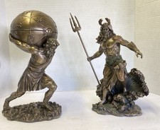 Veronese Atlas Zodiac Box & Poseidon Bronze Finish Greek Mythology Statue Pair picture