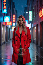 Woman Sleek Cyberpunk Neon Trench Red Coat Rain Soaked Twilight 4X6 Art Print picture