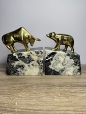 Vintage Set of Wall Street Bear & Bull Brass Marble Book Ends Rare Blk & White picture