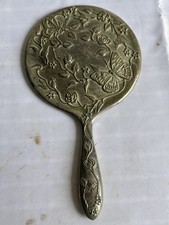 Vintage/Antique Silver Plated Hand Mirror Raised Floral/Leaves 23 x 13 cm dia picture