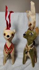 2 VTG Kitsch Flocked Cloth Reindeers Green + Tan Velvety Christmas 10