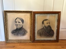 Antique Victorian Crayon Portrait Pair 1880s Charcoal Man & Woman Frames picture