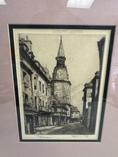 Antique Dinan Belfry Paris France Framed Etching Signed 'Taye'? Blind Stamp FATG picture