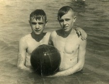 TATTOO Shirtless Handsome young men couple hug beach ussr gay vintage photo picture