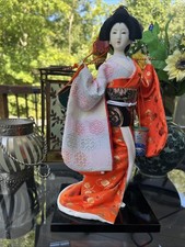 Kyugetsu Shiokumi Japanese Geisha Doll 12” Brocade Kimono Two Buckets Black Base picture