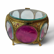 Vintage Faceted Beveled Glass Jewelry Casket Box Gold Filigree Cranberry Velvet picture