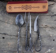 Hand Forged Viking cutlery set Fork Knife and Spoon with beautiful Leather kit picture