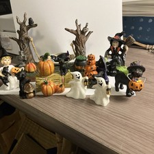 Halloween Lot Of 9 Figures, Witch In Hammock, Black Cats, Etc picture