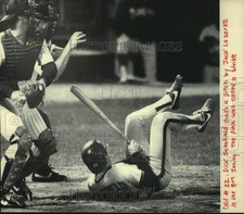 1984 Press Photo Angels' Dick Schofield ducks a pitch by Brewer Jack Lazorko picture