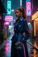 Woman Sleek Cyberpunk Neon Trench Navy Coat Rain Holographic 4X6 Art Print picture