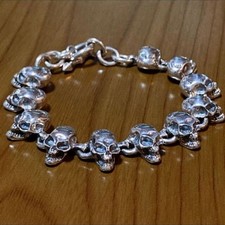 925 Silver Skull Chain Link Bracelet Unisex Jewelry Black Silver 39g picture
