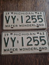 Vintage 1962 Michigan License Plate Pair Matching VY-1255 Registered 63 Chevrole picture