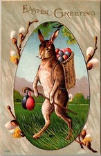 A/S Easter Anthro Giant Brown Bunny Hare Walks Basket Pastel Eggs PU. 1910 A-674 picture