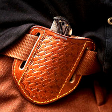 EDC CUSTOM HANDMADE COW ENGRAVED PANCAKE LEATHER SHEATH FOLDING KNIFE 1713 picture