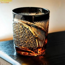 Hand blown hand cut whiskey glasses color overlay glass gifts amber black 9 Ozs picture