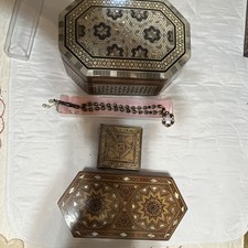 4 Pc Lot Vintage Inlaid Wood Jewelry Box Mosaic Coaster Set & Beaded Prayer Rosa picture