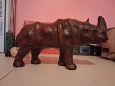 Hand-Stitched Leather Rhinoceros Figurine | Deep Mahogany Patina with Inset... picture