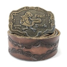 Stud Duck Vintage Brass Belt Buckle Obscure W/ Rawhide Leather Belt Size 38 picture