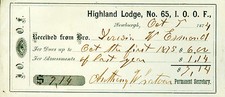  Dues Receipt Masons I.O.O.F. Odd Fellows Highland Lodge 65 Newburgh NY 1874 picture