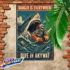 Shark Attack Dark Humor Ocean Warning Poster Retro Metal Wall Decor 8x12 picture