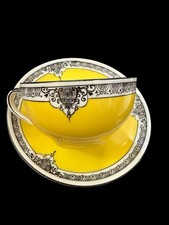 Antique Noritake Teacup Saucer Art Deco Yellow Black Hand Painted Japan c. 1930 picture
