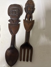 Vintage Hand Carved Wooden Don Quixote and Sancho Panza Fork and Spoon Set picture