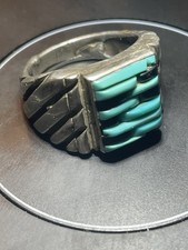 Vintage Zuni Heavy Channel Inlay Ring Geometric Stair-Step Turquoise Jet 15.9g picture