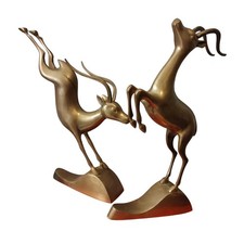 2 Vtg Hollywood Regency Brass Jumping Antelope Gazelle Deer Statue 12.5