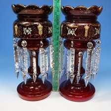 DEFECTIVE Bohemian Glass Mantel Luster  2 Cranberry Red with Double Row  G3D picture