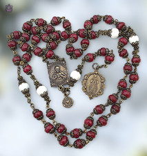 Divine Mercy Sacred Heart 58 Beads Heritage Bronze Heirloom Rosary | Red Jade picture