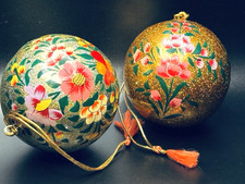 Beautiful Pair of Vintage Kashmiri Hand-Painted Papier-Mâché Ornaments picture