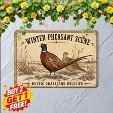 Pheasant Hunting In Snow Tin Sign Winter Wildlife Cabin Wall Decor 8x12 In picture