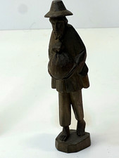 Vintage Carved Dark Wooden Barefoot Man Figurine Holding Sack Brown 6” Folk Art picture