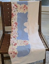 Vintage Tablecloth  W/White & Sky-Blue Cotton W/Pink Floral Design Needs Ironing picture